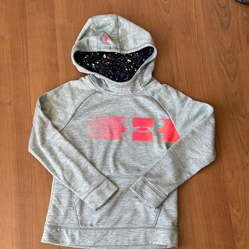 Under Armour Kids Heather Gray Hoodie with Neon Pink Logo